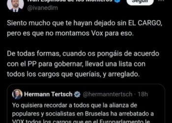 Captura del mensaje en redes sociales de Iván Espinosa de los Monteros respondiendo a Hermann Tertsch, en el que critica la gestión de cargos de VOX y menciona una posible lista conjunta con el PP.