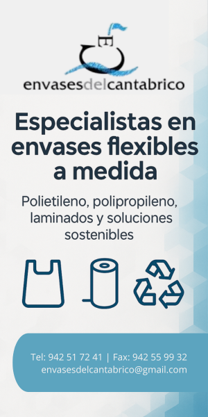 Banner publicitario de Envases del Cantábrico con logotipo marítimo, muestra de productos de envasado y datos de contacto, incluyendo teléfono, fax y correo electrónico.